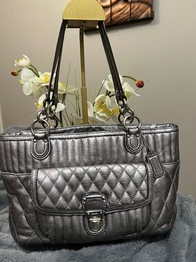 Coach Madison Quilted Metallic Pewter Gray Tote Bag GUC retail $358